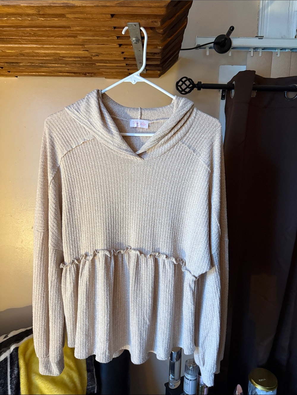 Light Beige Tiered Hoodie Sweater by Pink Lily